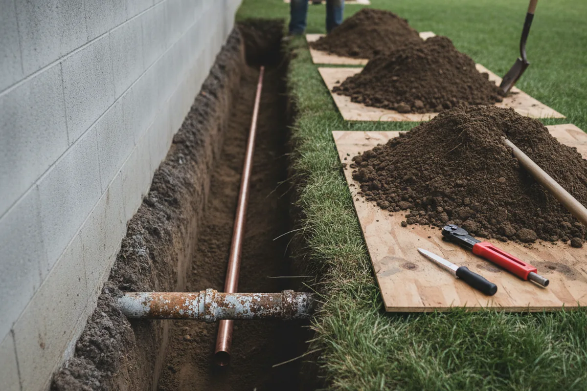 Excavated water line trench during Water Softener Installation in Glendale